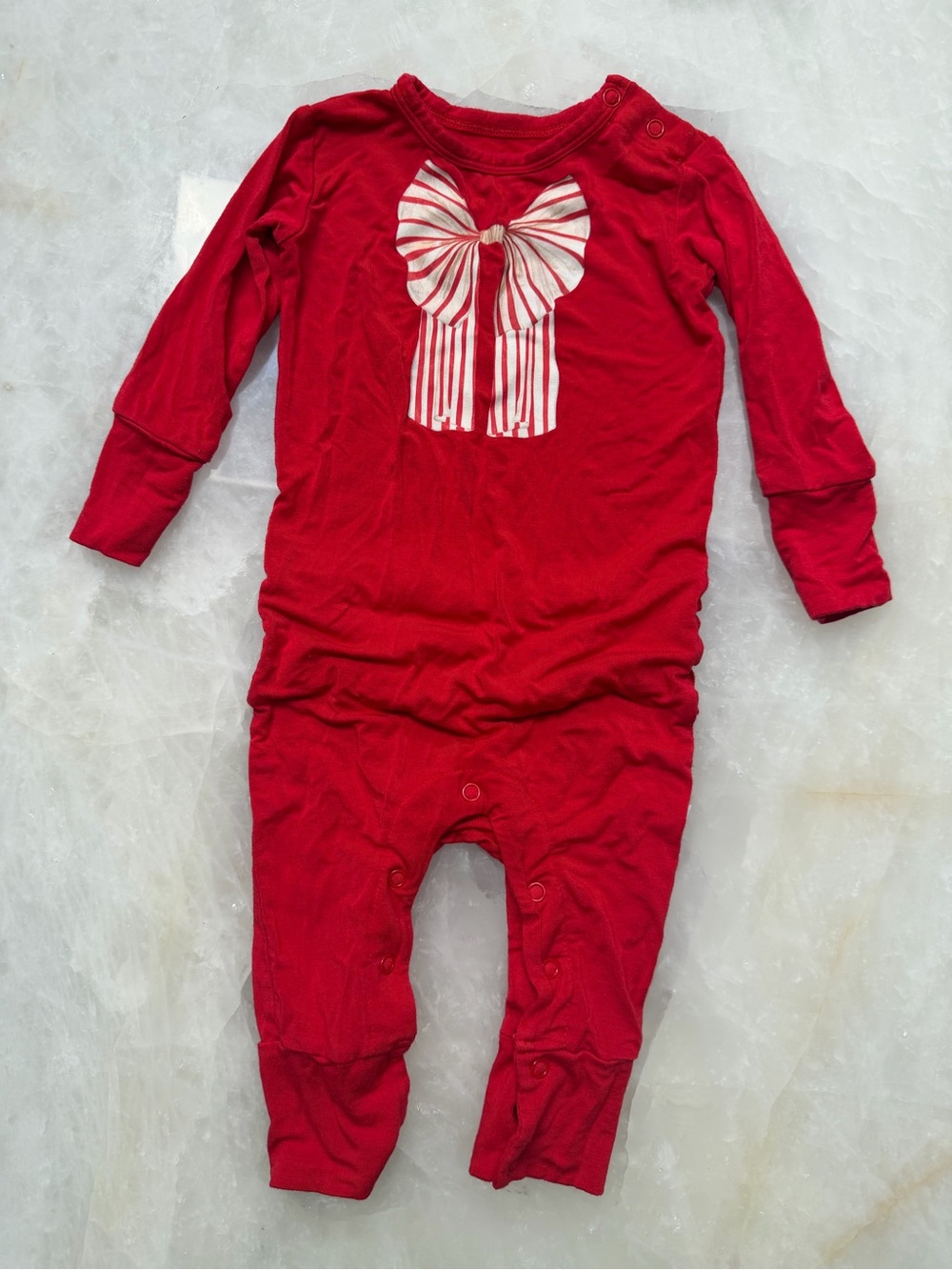 Posh Peanut Red Long-Sleeve Bow One-Piece